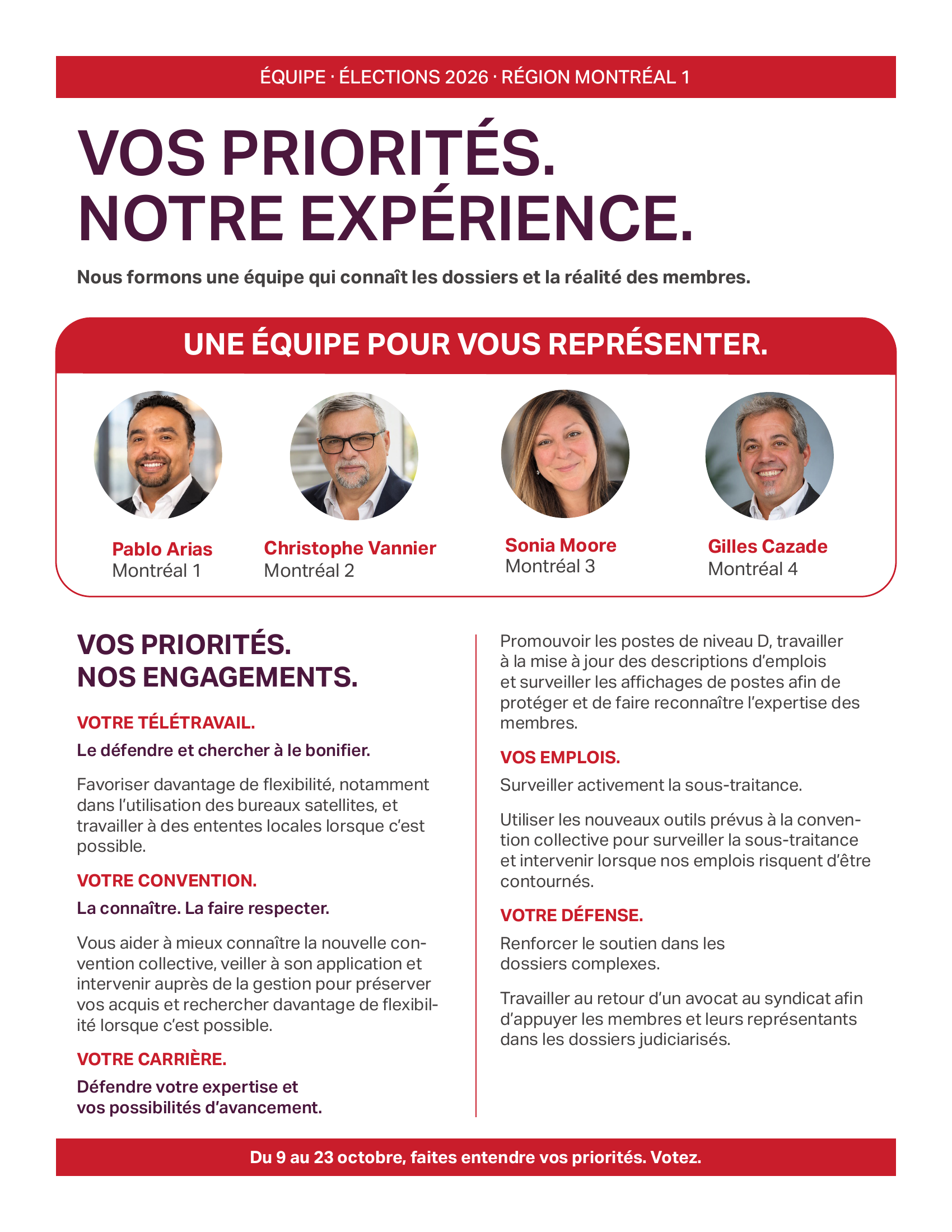 Affiche de l'Équipe Nouvel Élan présentant Pablo Arias, Christophe Vannier, Sonia Moore et Gilles Cazade