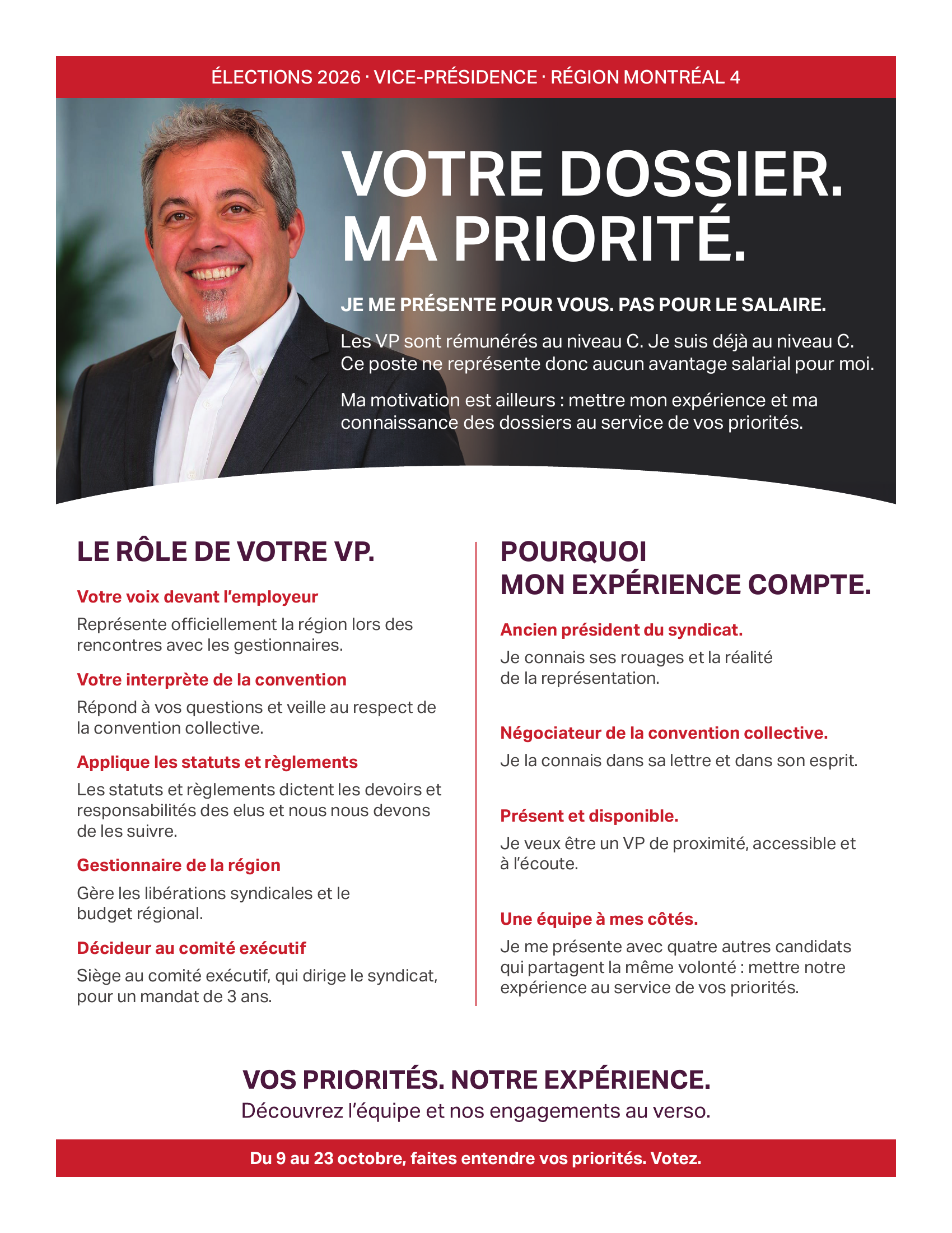 Affiche de Gilles Cazade, candidat à la vice-présidence de la région Montréal 4