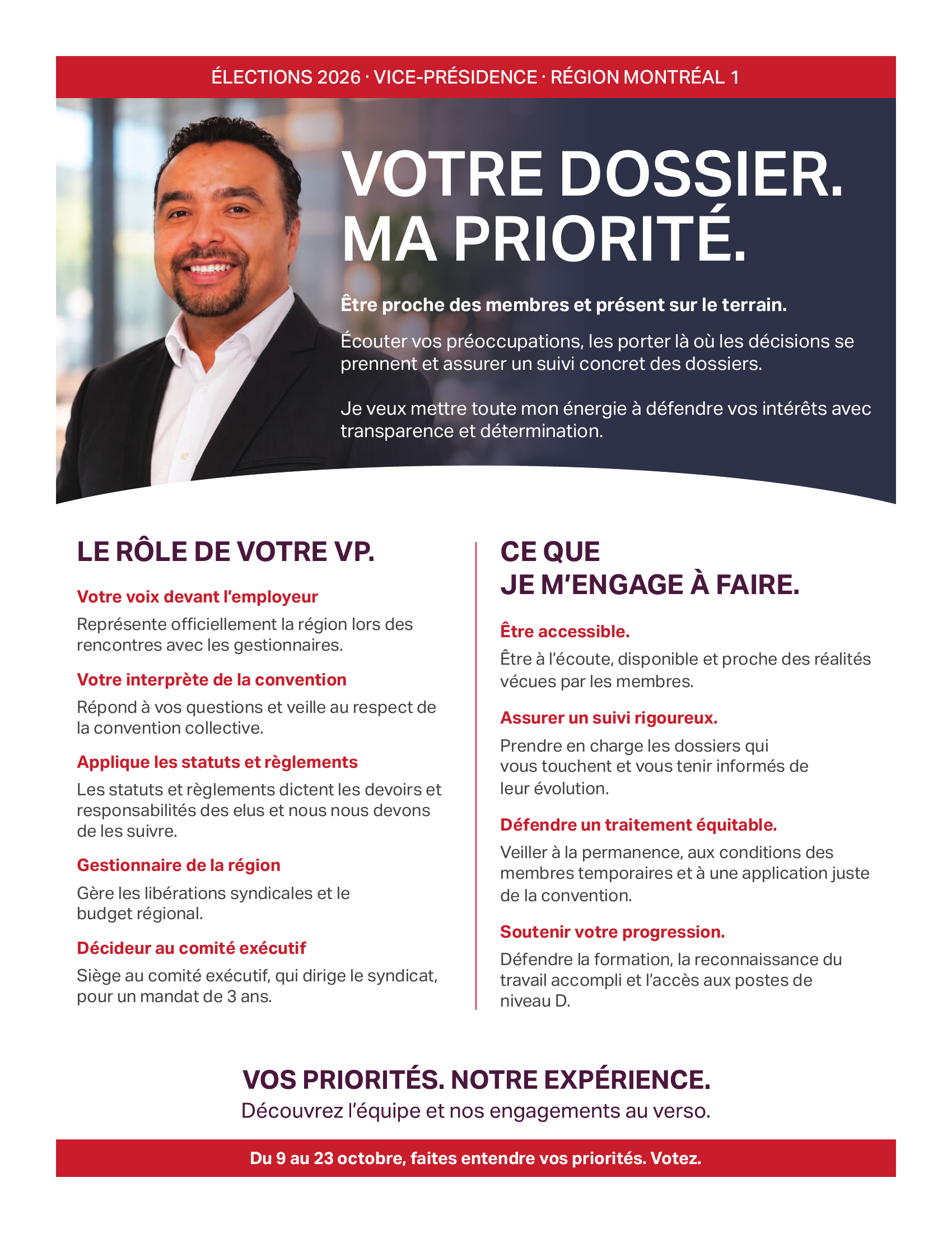 Affiche de Pablo Arias, candidat à la vice-présidence de la région Montréal 1