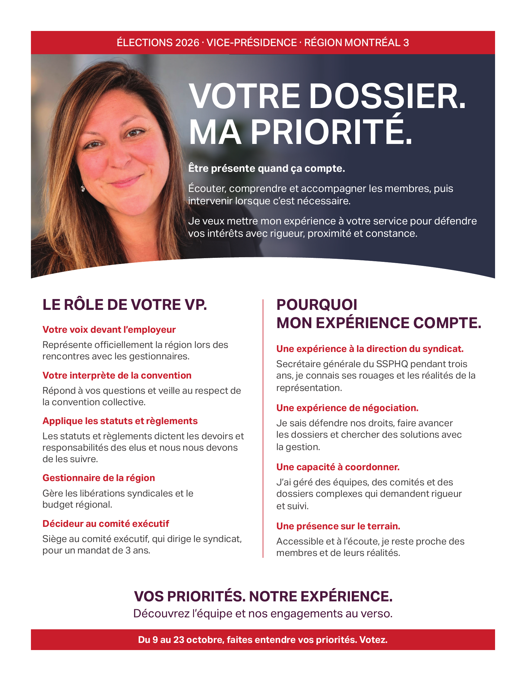 Affiche de Sonia Moore, candidate à la vice-présidence de la région Montréal 3